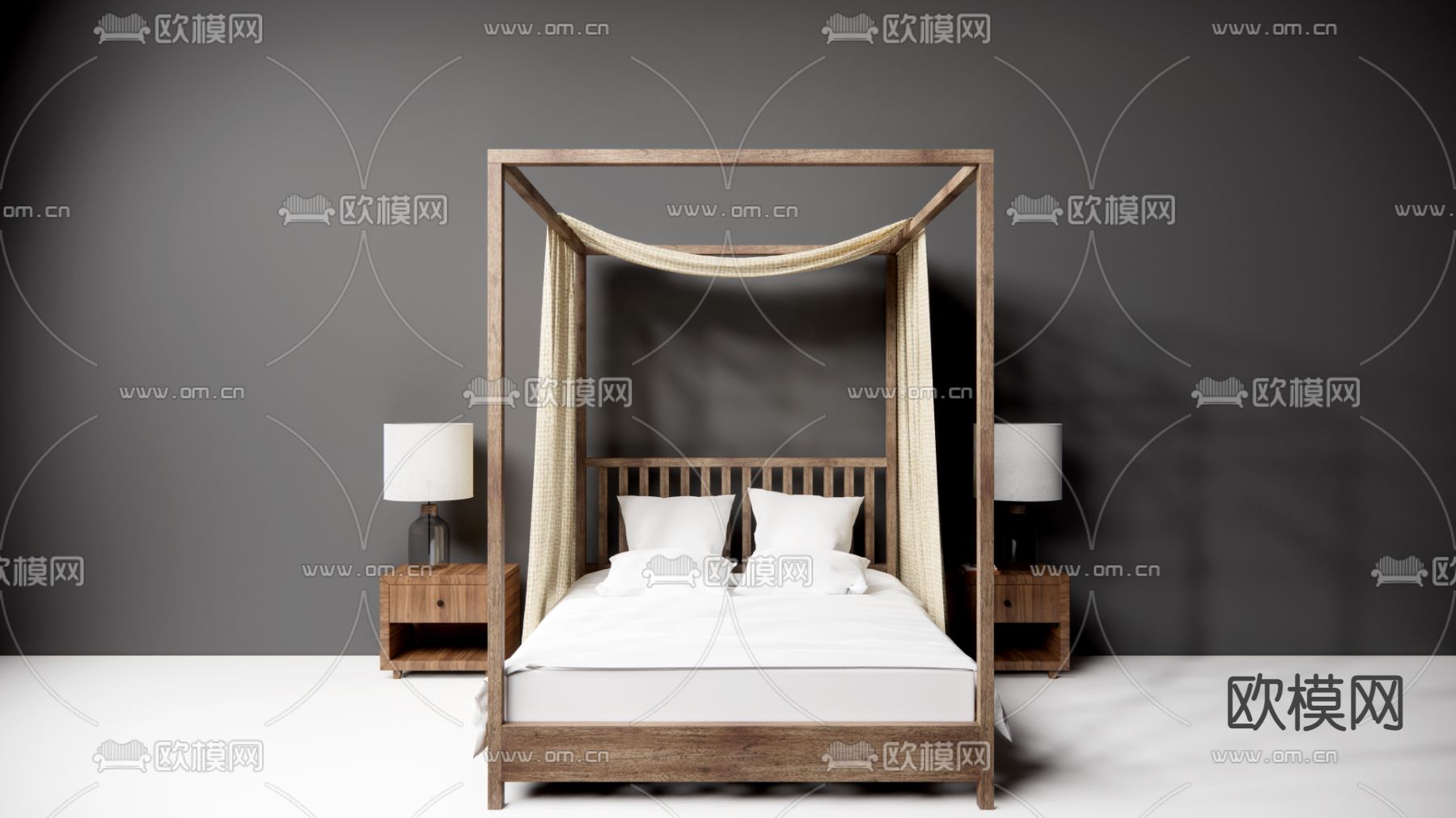 侘寂双人床su模型下载（渲染图1）