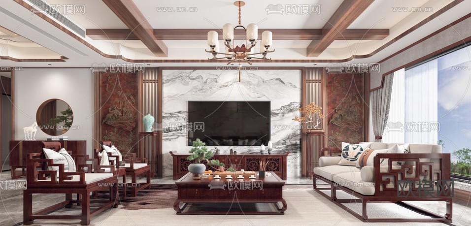 中式客厅 餐厅3d模型下载_ID13007002_3dmax免费模型-欧模网