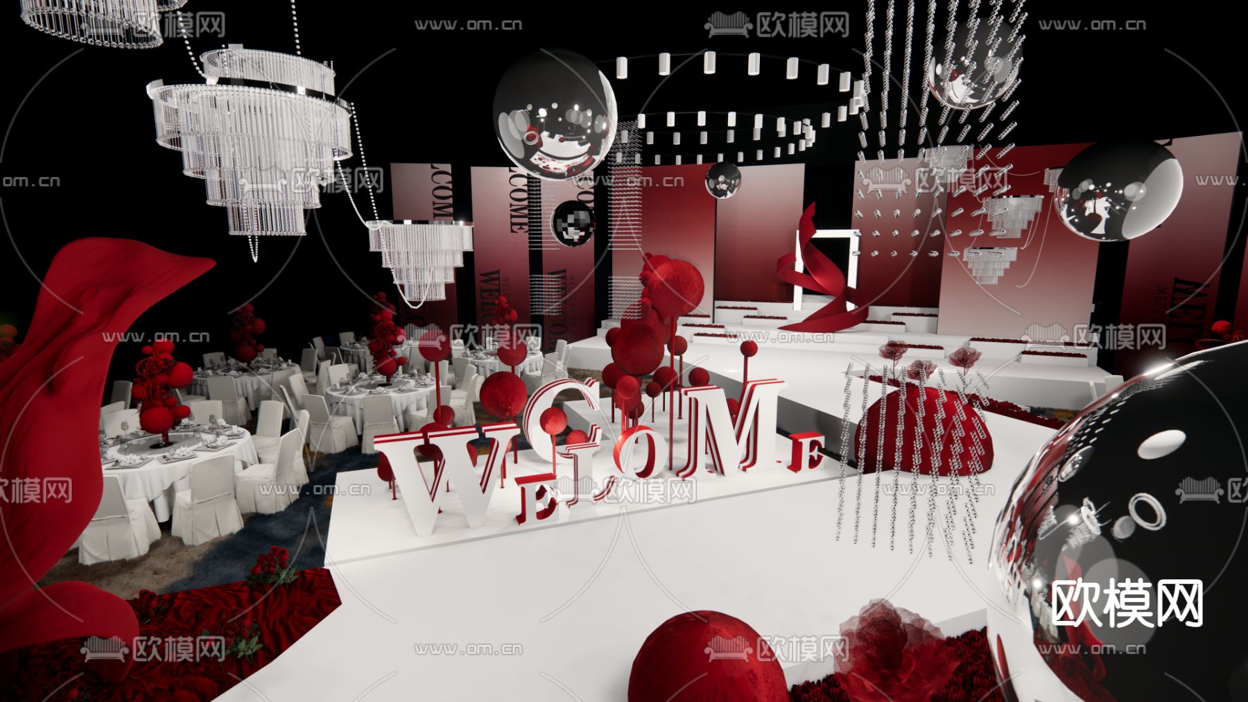 红白 宴会厅 婚礼设计su模型下载（渲染图2）