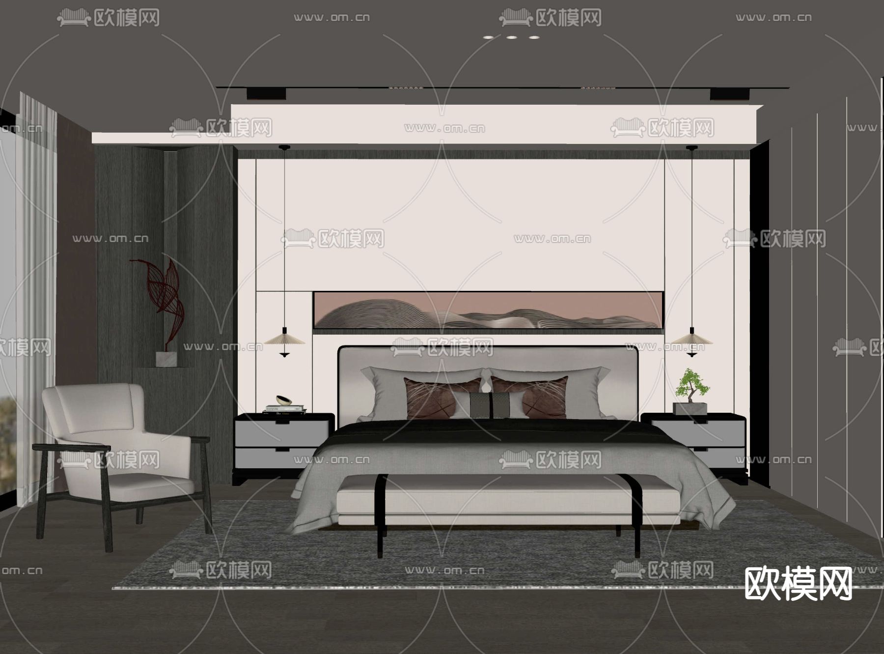 新中式卧室 主人房su模型下载（渲染图2）