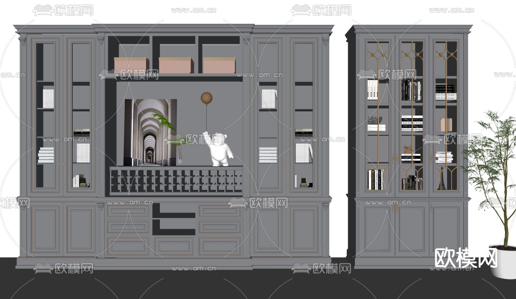 简欧书柜su模型下载（渲染图2）