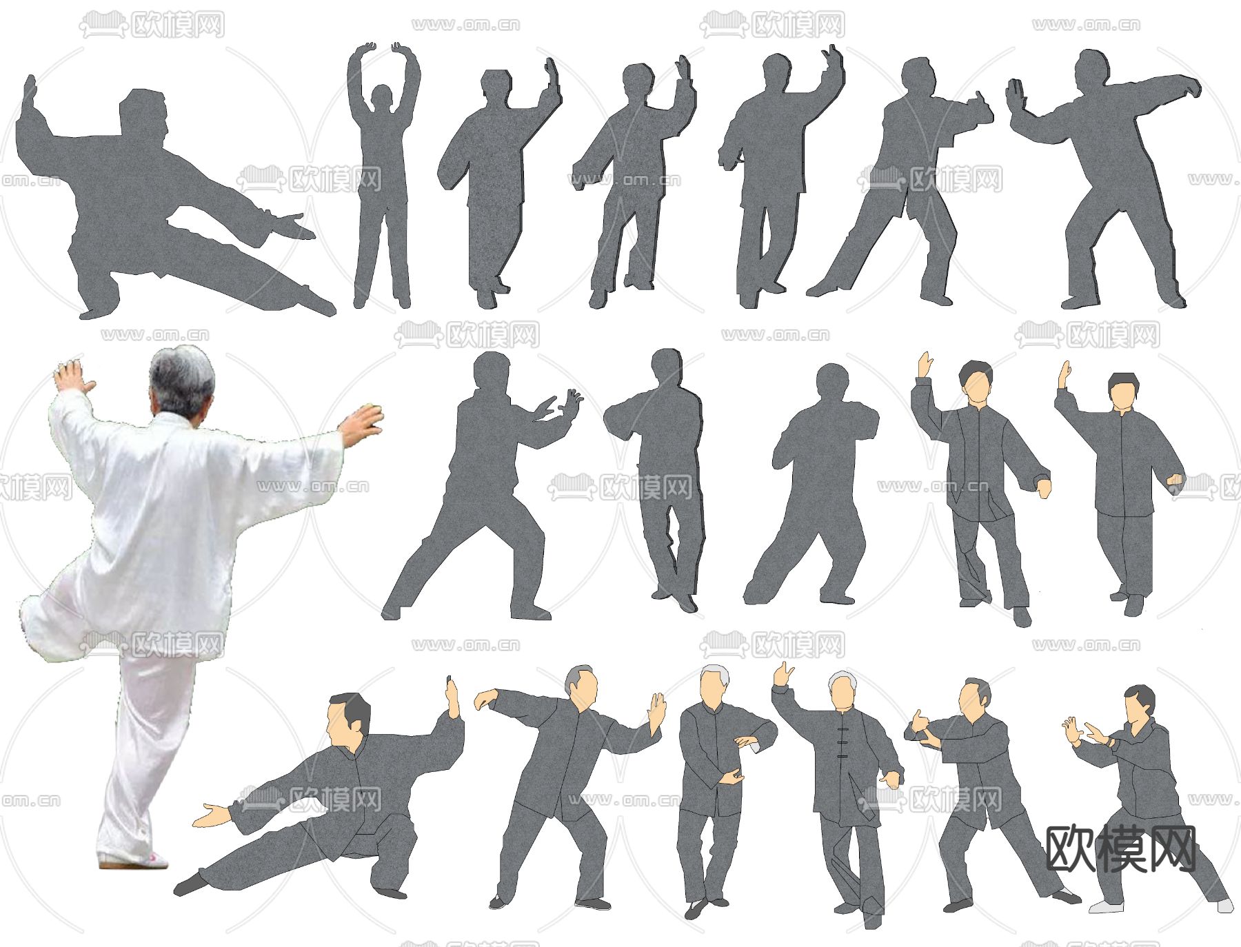 新中式太极拳 打太极人物2d组件su模型下载_ID10004923_sketchup模型下载-欧模网