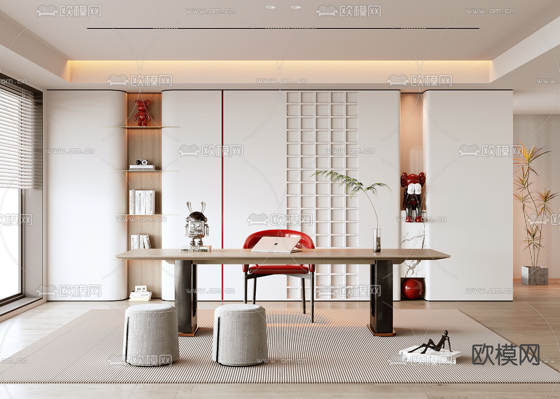 奶油风书房3d模型下载（渲染图1）