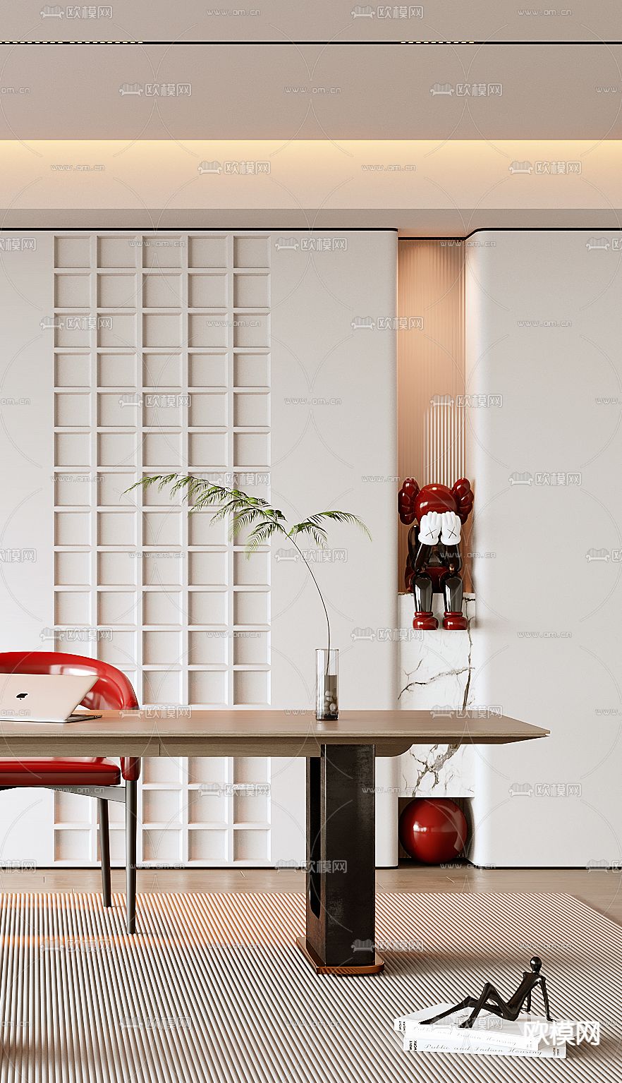 奶油风书房3d模型下载（渲染图2）