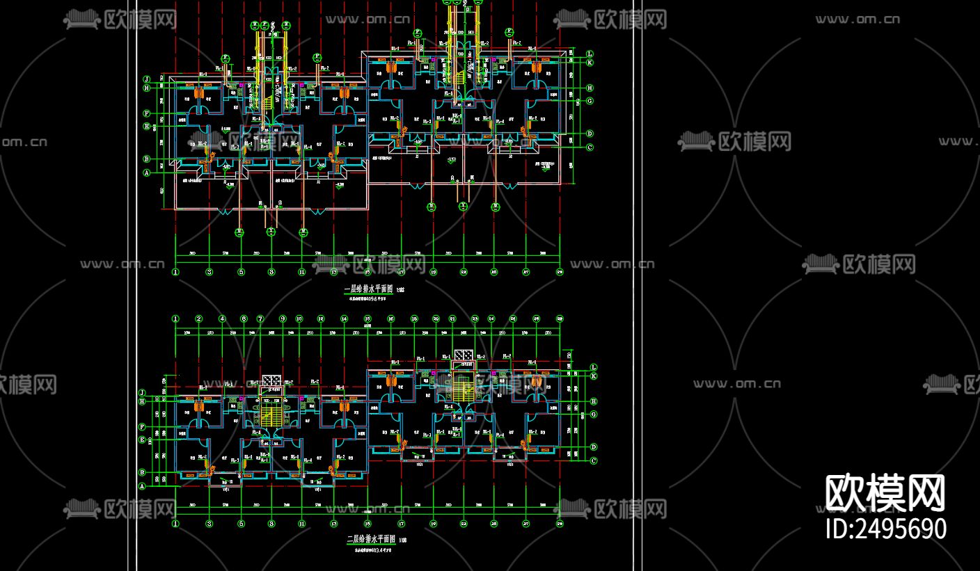 临淮镇胜利家园小区13号楼排水cad施工图下载（渲染图4）