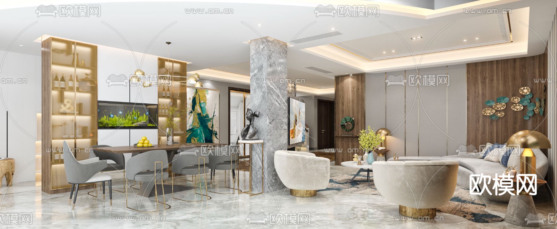 轻奢客餐厅su模型下载（渲染图1）