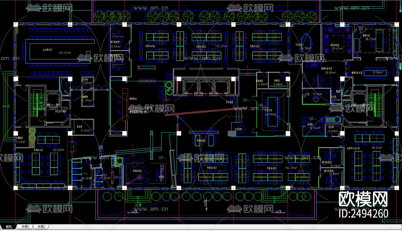 1760平办公空间办公室cad施工图-免费3dmax模型库-欧模网