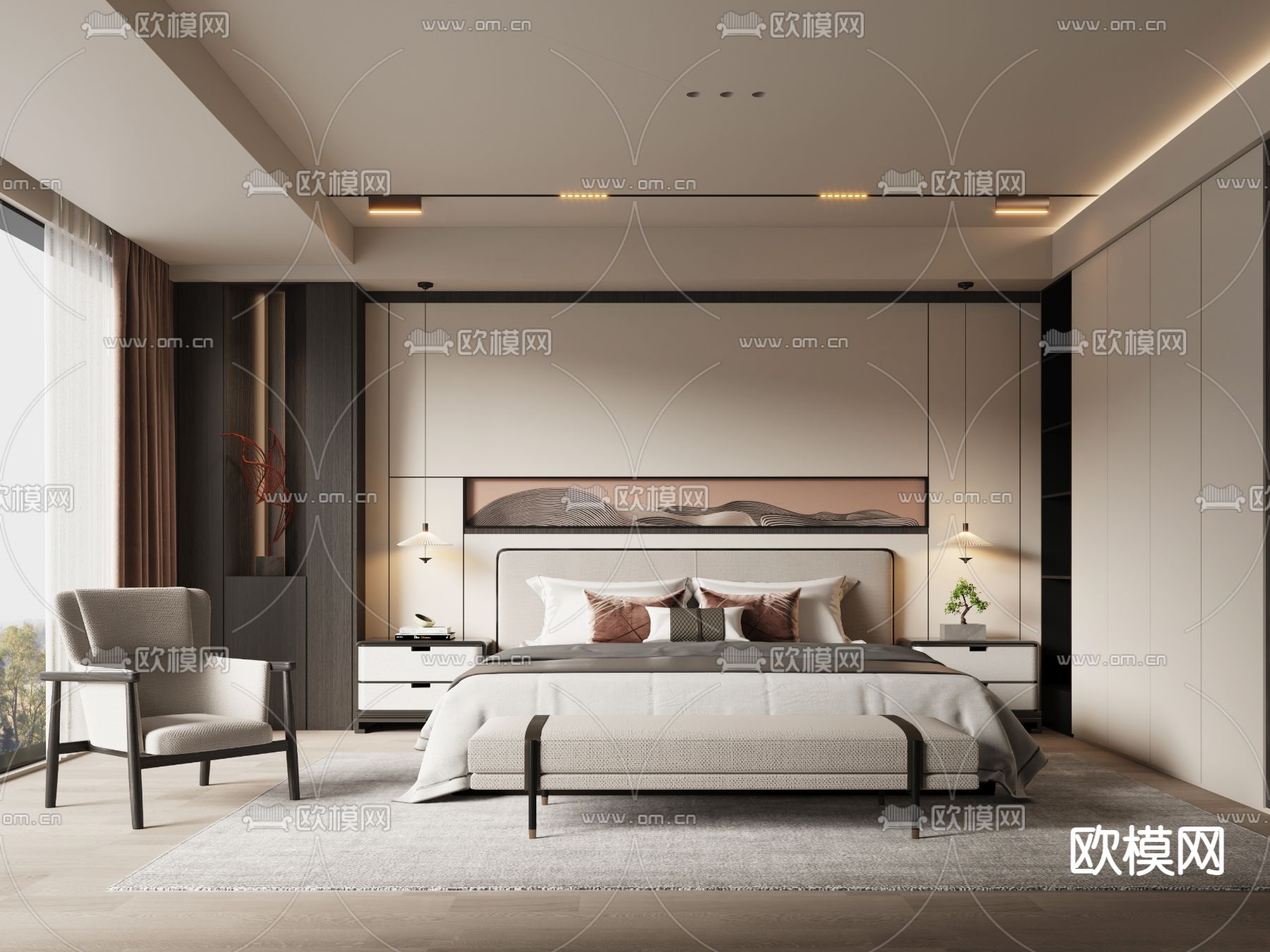 新中式卧室 主人房su模型下载（渲染图1）