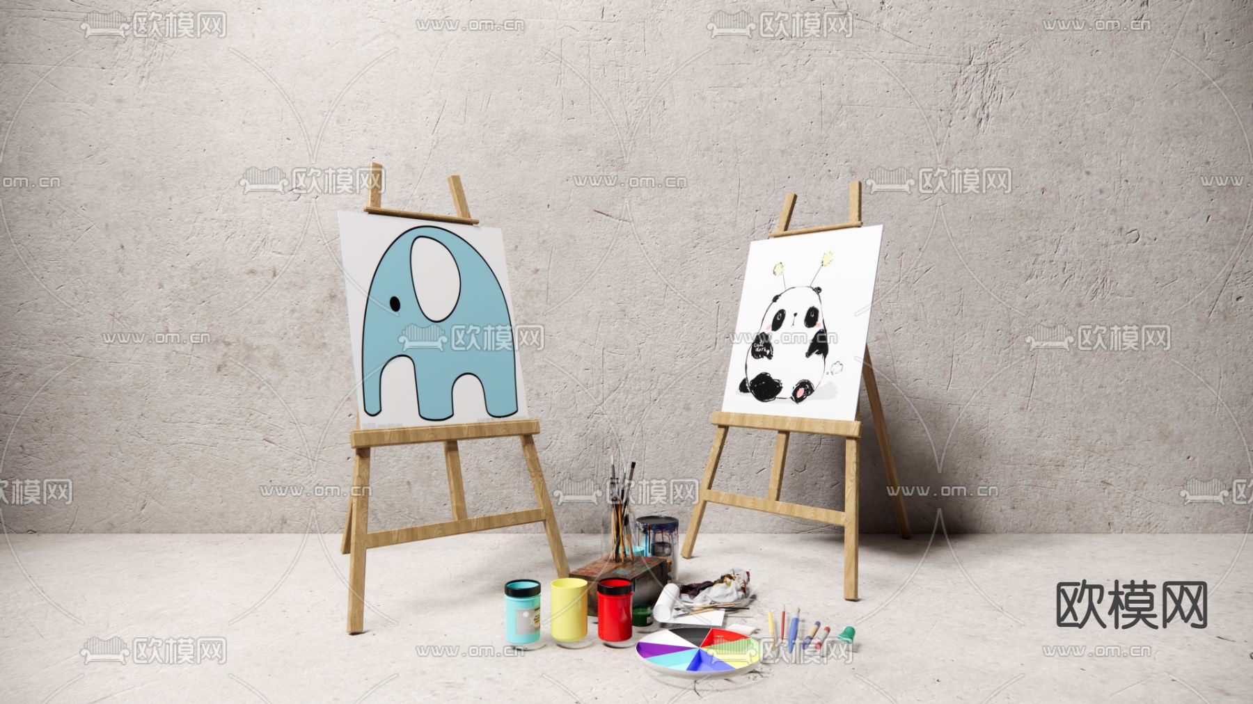 现代画架 画板 画画颜料工具su模型下载（渲染图1）