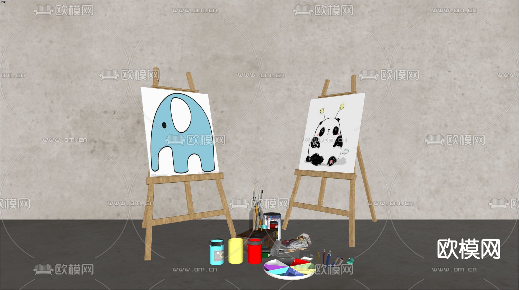 现代画架 画板 画画颜料工具su模型下载（渲染图2）