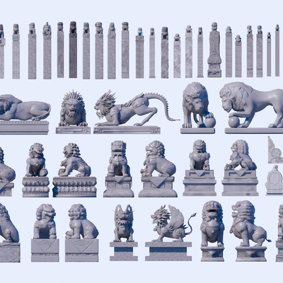 中式石狮子 抱鼓石雕塑su模型