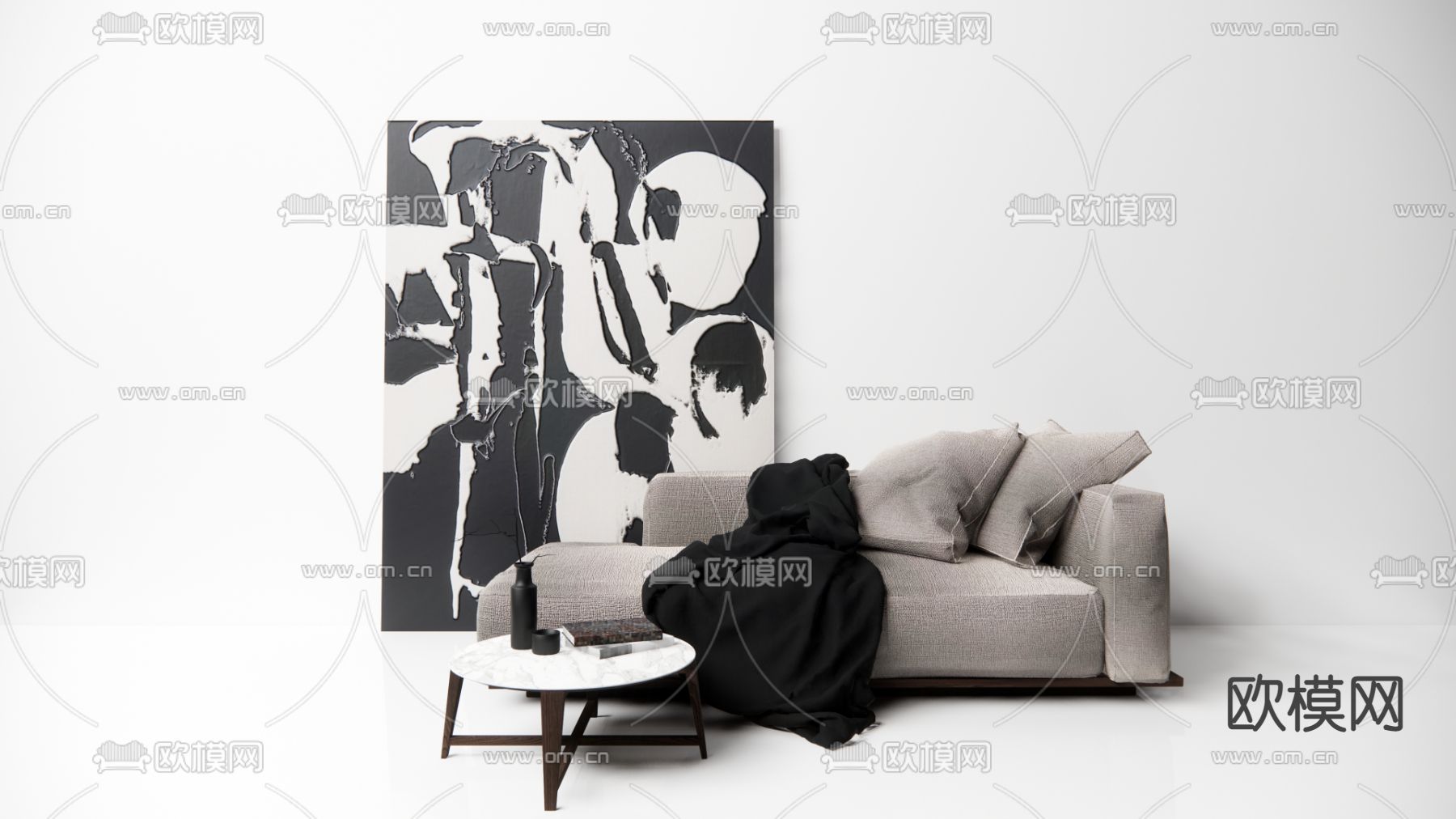 现代贵妃椅 装饰画 茶几su模型下载（渲染图1）