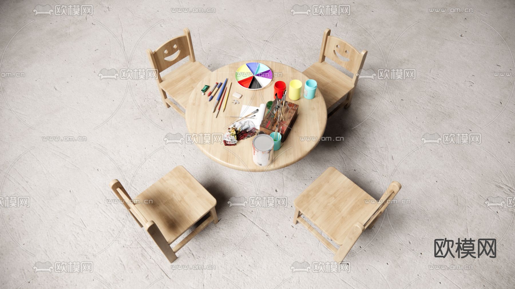 侘寂儿童实木桌椅su模型下载（渲染图3）