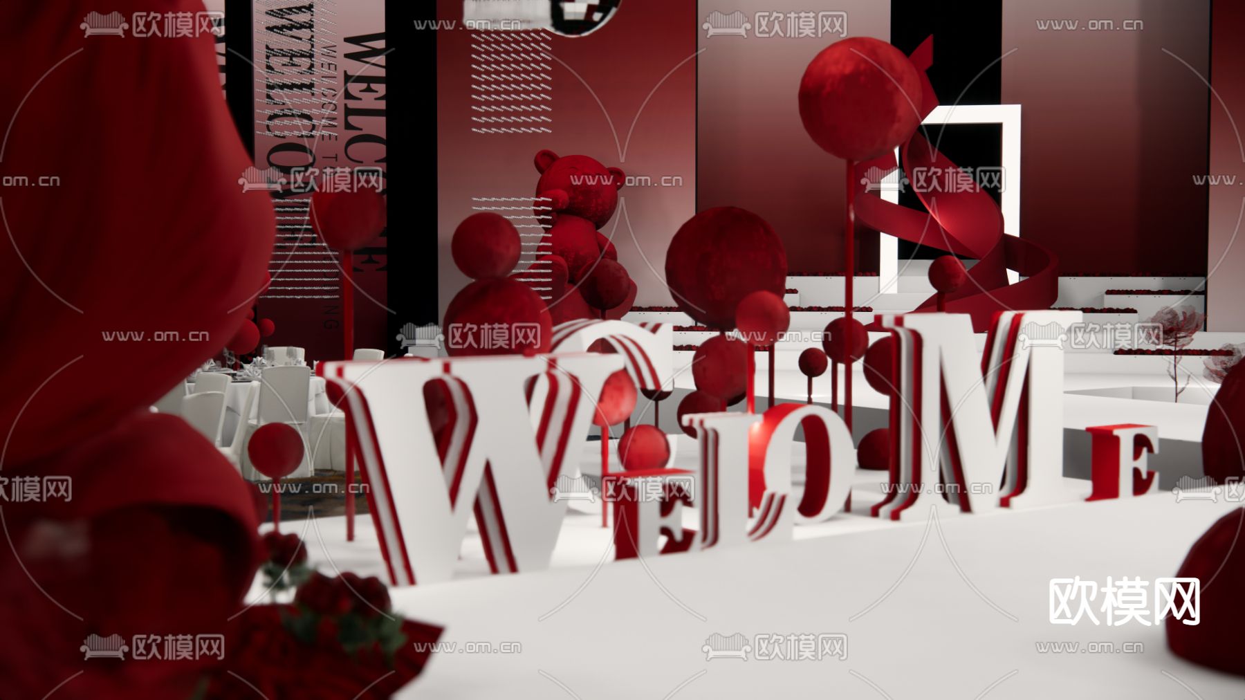 红白 宴会厅 婚礼设计su模型下载（渲染图3）