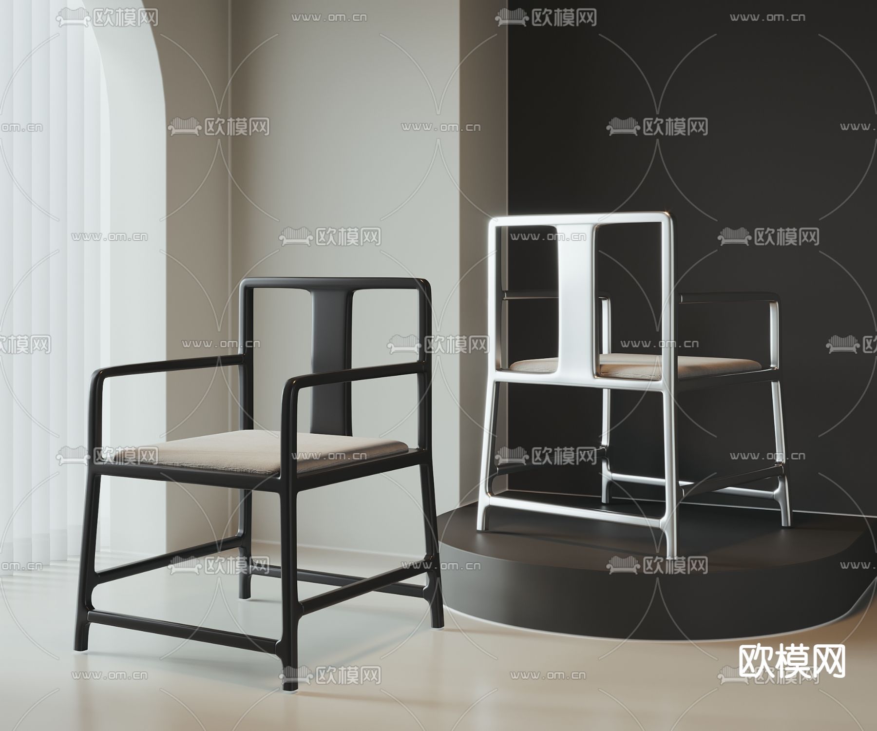 新中式单椅 餐椅su模型下载（渲染图1）