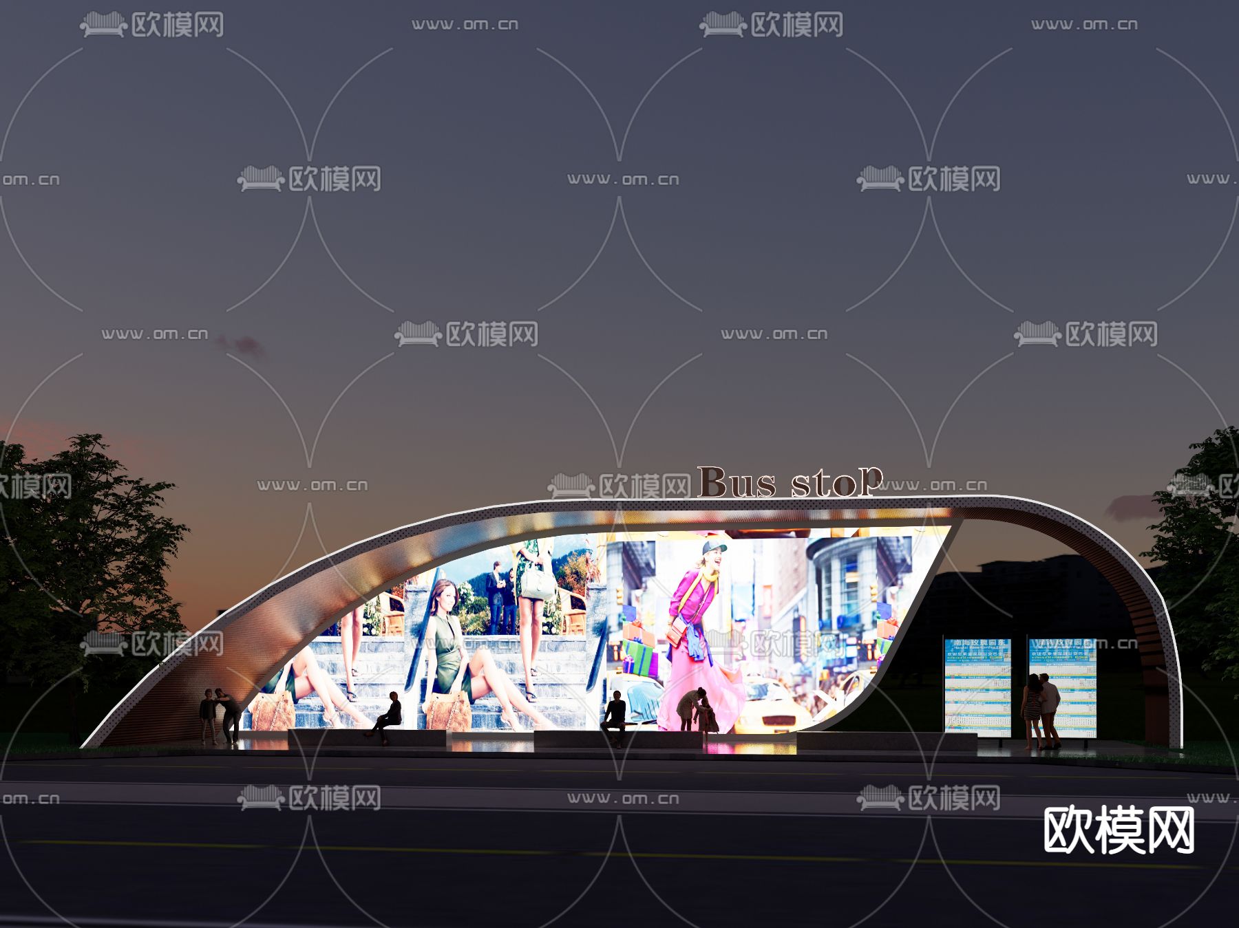 现代创意公交车站台 公交车站su模型下载（渲染图2）