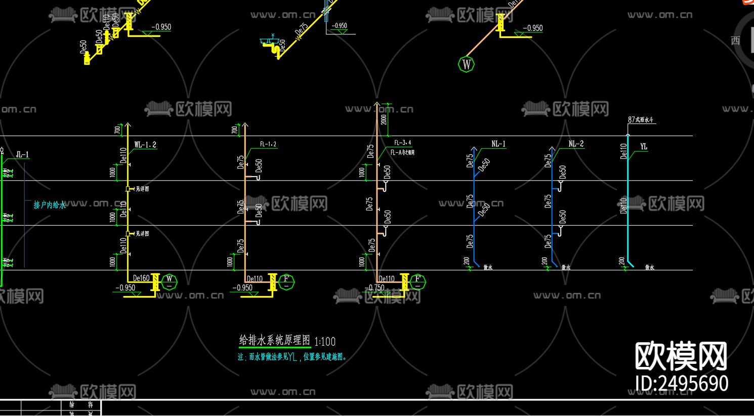 临淮镇胜利家园小区13号楼排水cad施工图下载（渲染图2）