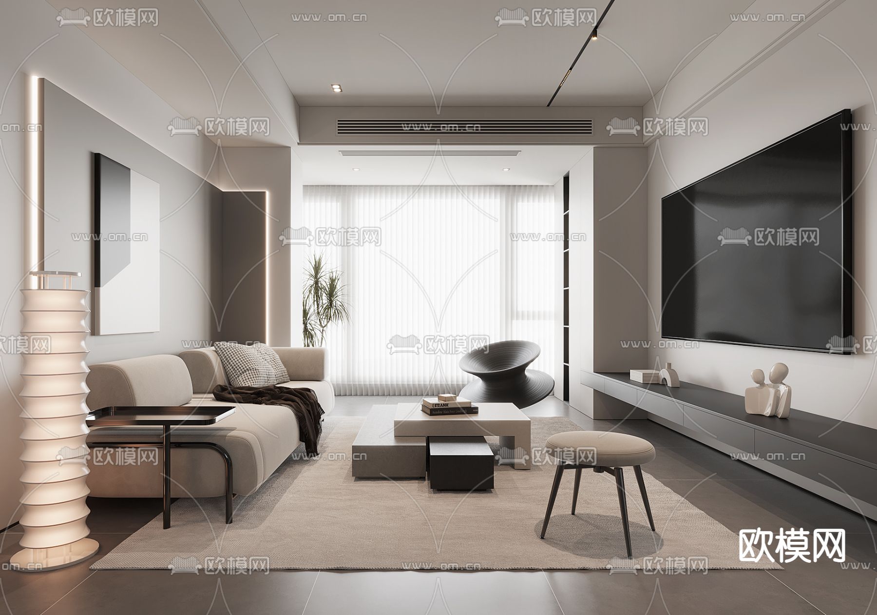 高级灰客厅3d模型下载（渲染图1）