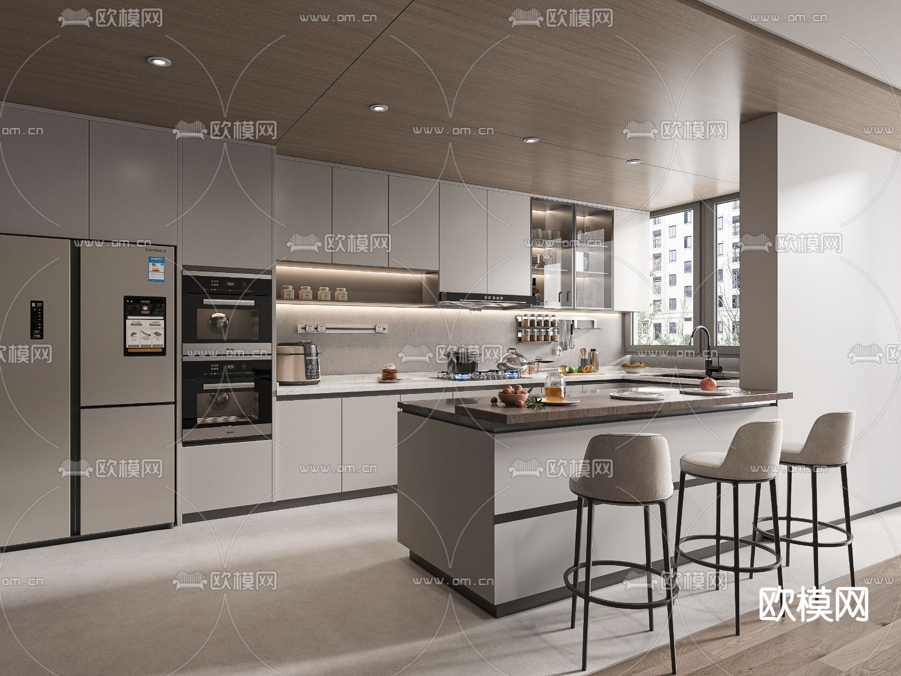 现代开放式厨房su模型下载（渲染图1）