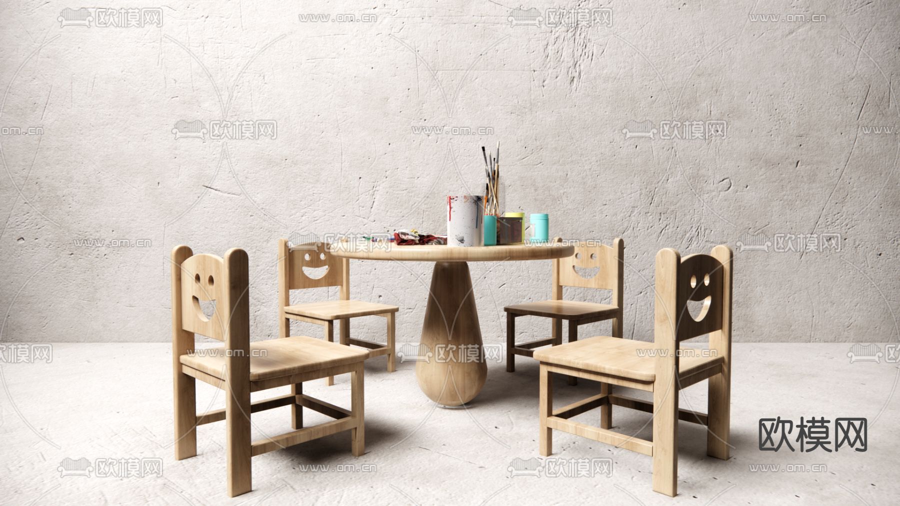 侘寂儿童实木桌椅su模型下载（渲染图1）