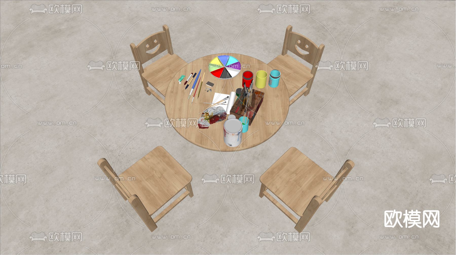 侘寂儿童实木桌椅su模型下载（渲染图2）
