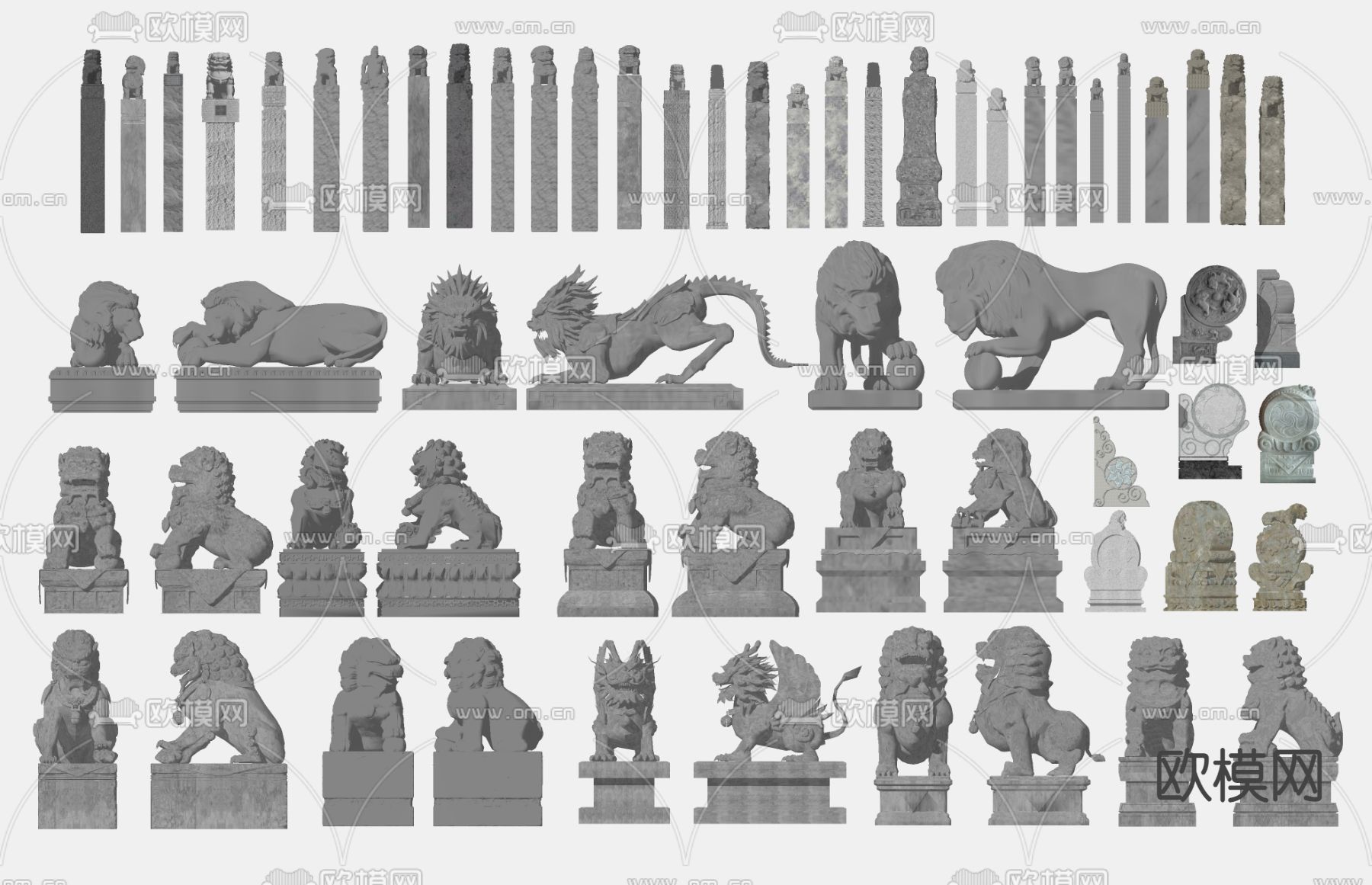 中式石狮子 抱鼓石雕塑su模型