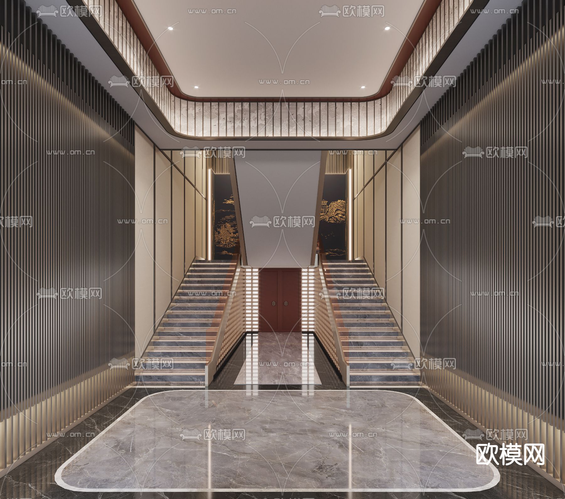 新中式酒店入口 走廊过道3d模型下载