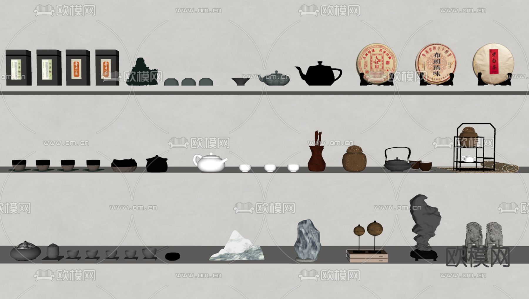 新中式茶具 茶叶 茶饼摆件su模型下载（渲染图2）