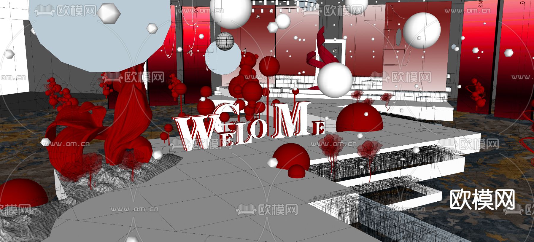 红白 宴会厅 婚礼设计su模型下载（渲染图4）