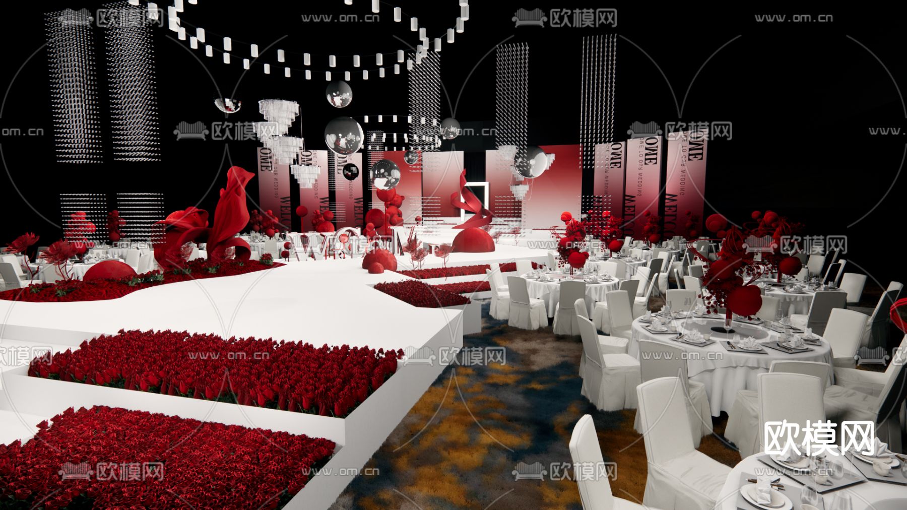 红白 宴会厅 婚礼设计su模型下载（渲染图1）