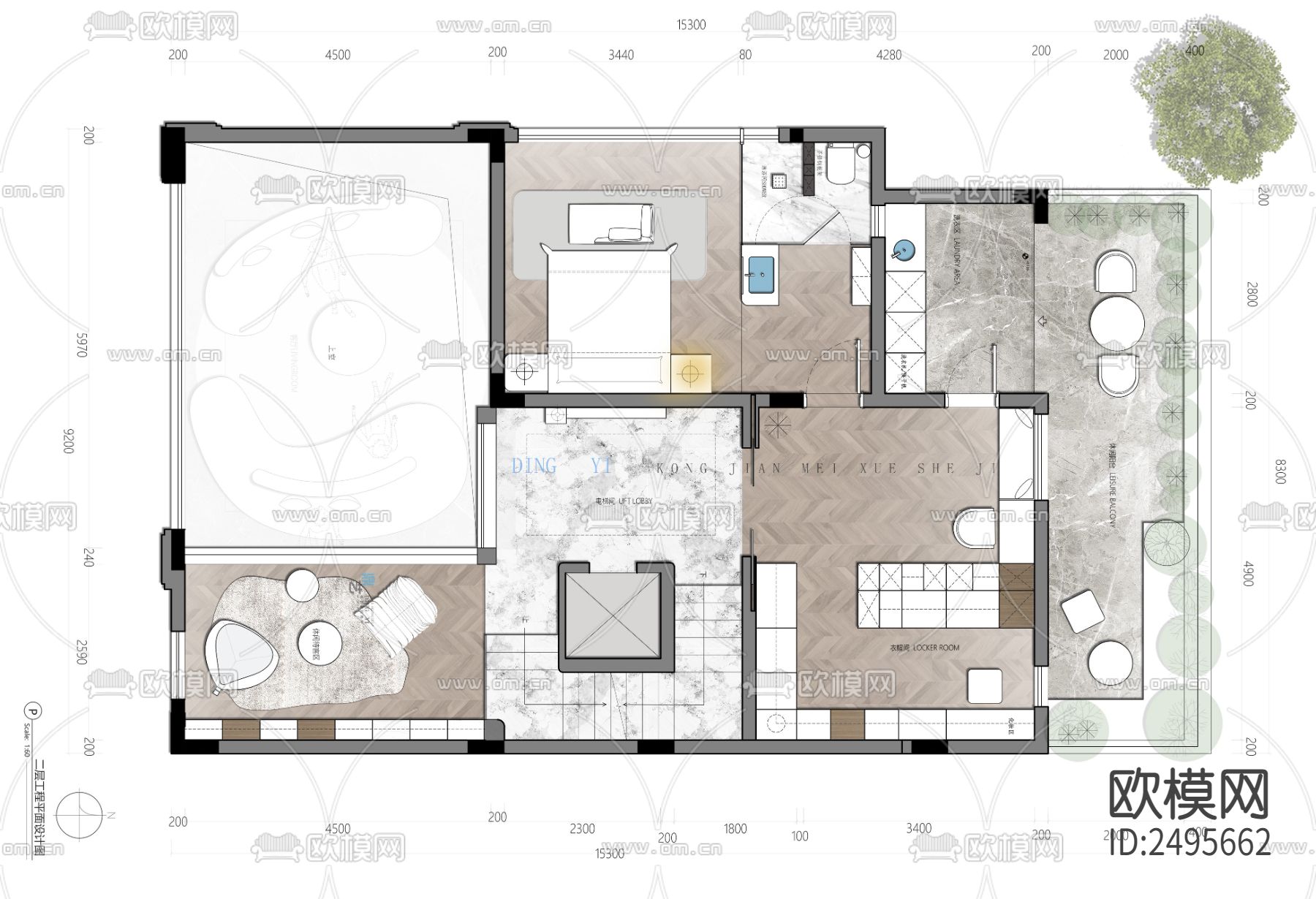 三层别墅平面设计cad施工图下载（渲染图2）