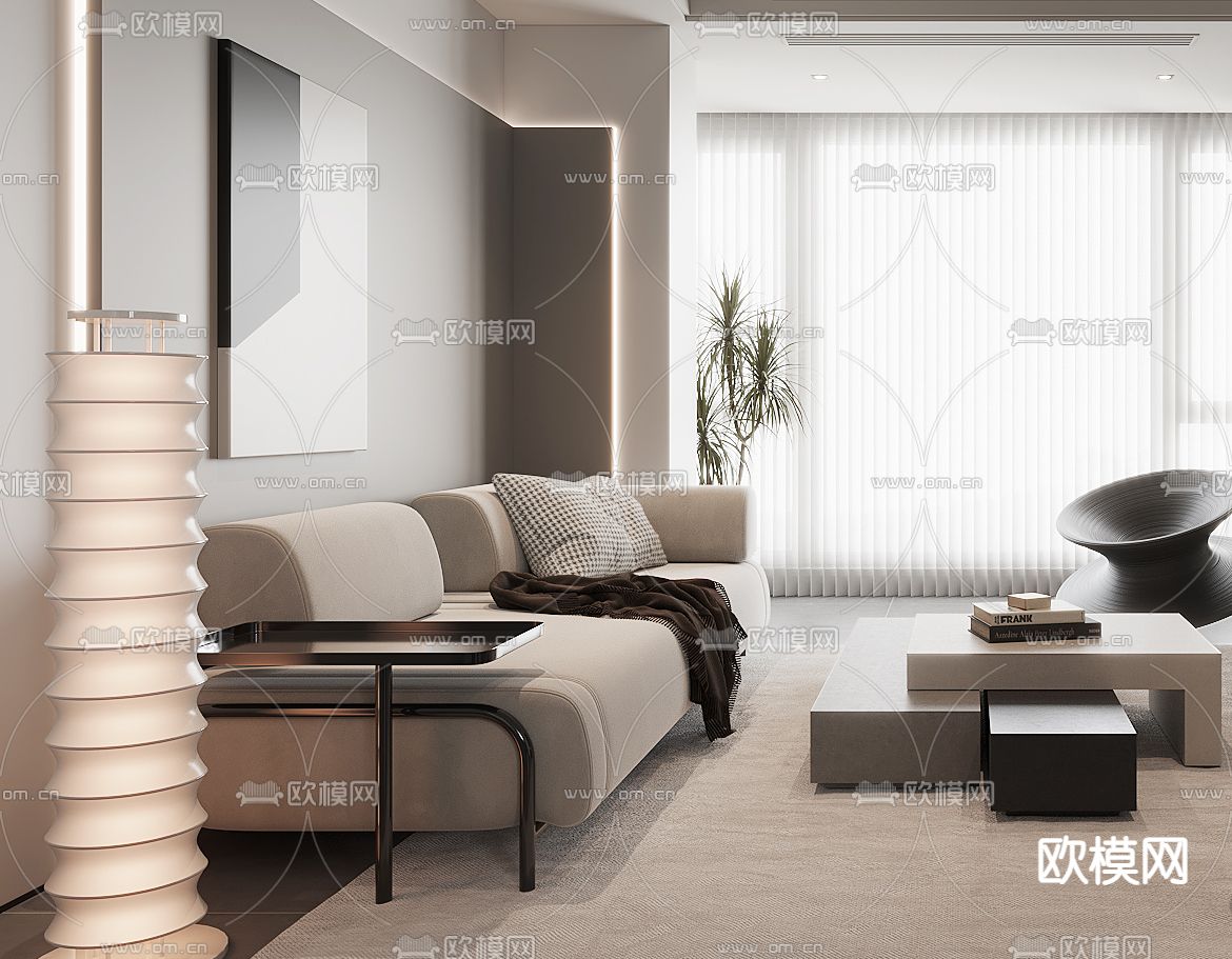 高级灰客厅3d模型下载（渲染图2）