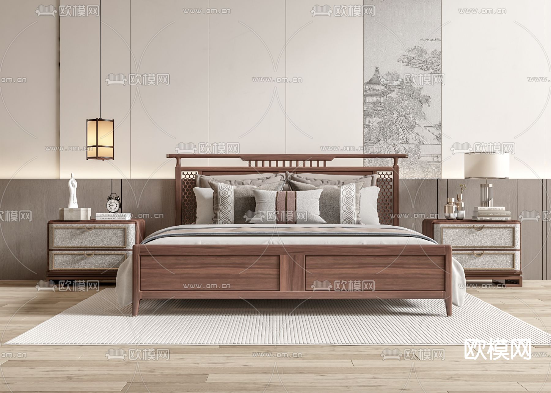 新中式双人床3d模型下载