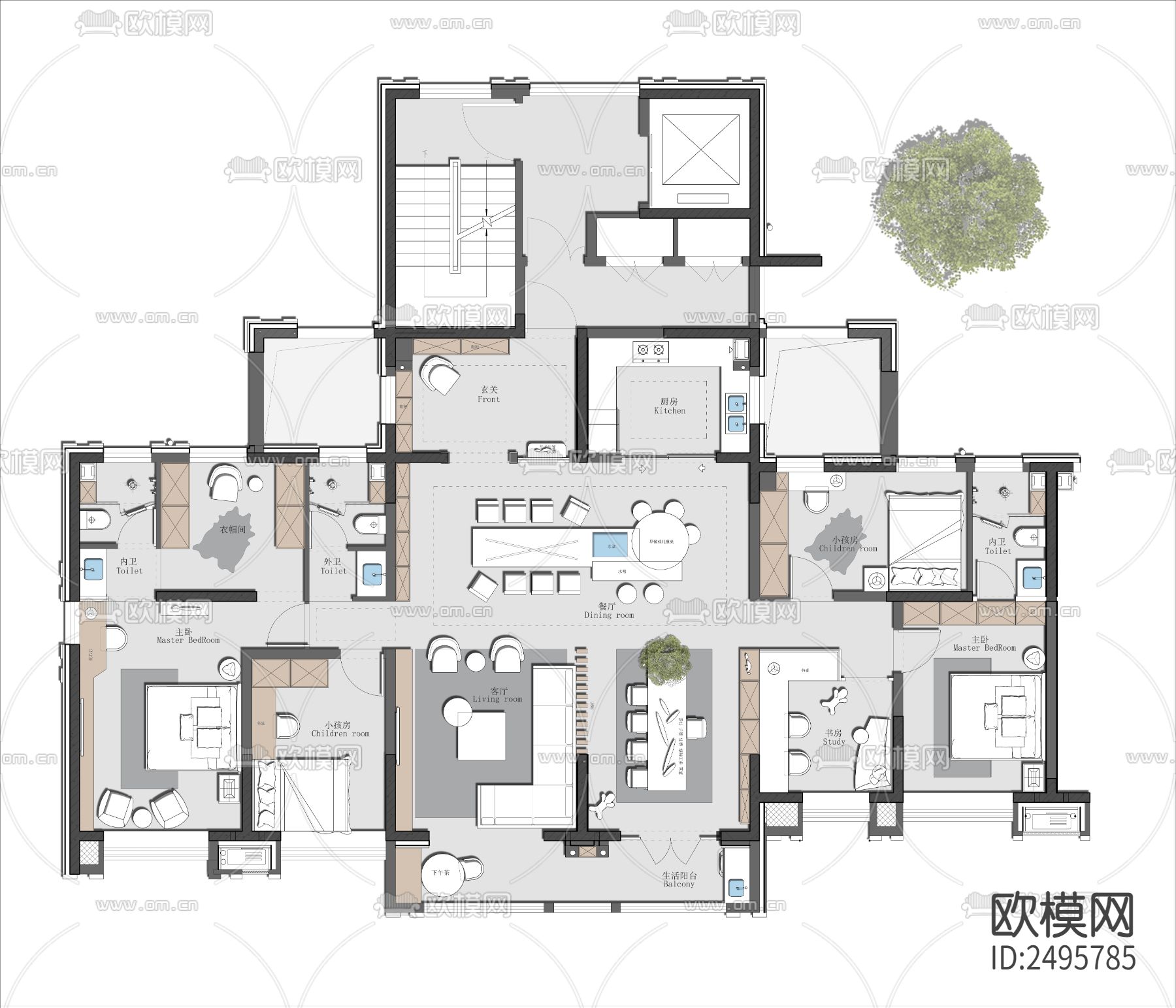 250平平面设计cad施工图下载（渲染图1）