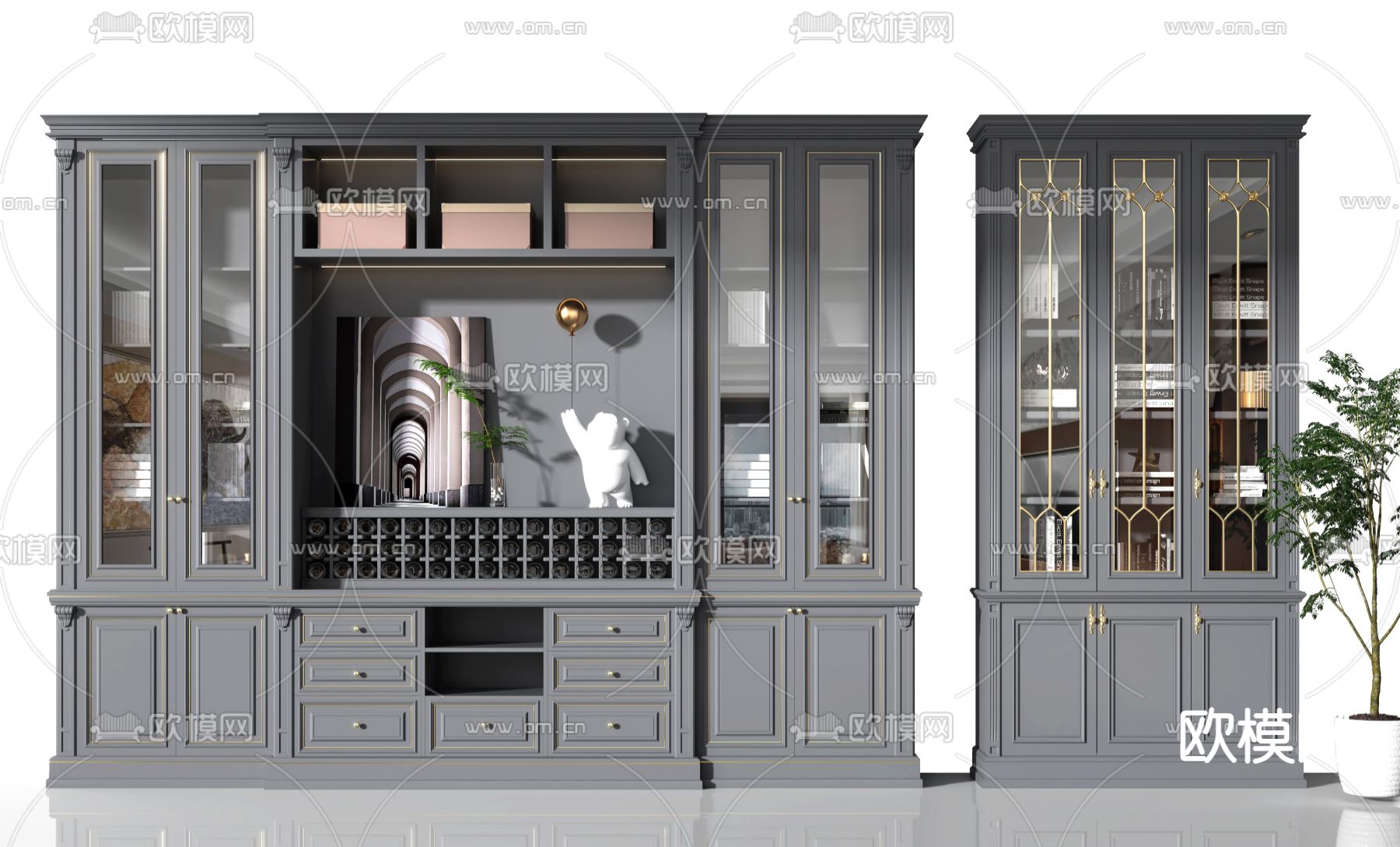 简欧书柜su模型下载（渲染图1）