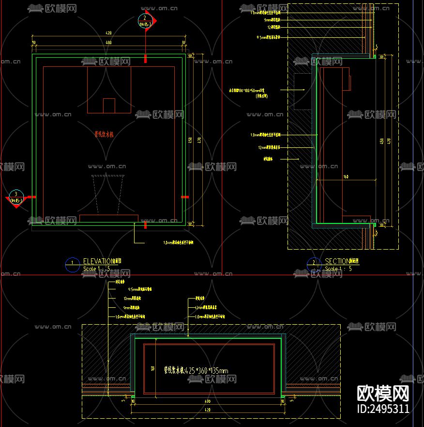 饮水机内嵌凹龛大样节点CAD施工图下载（渲染图2）
