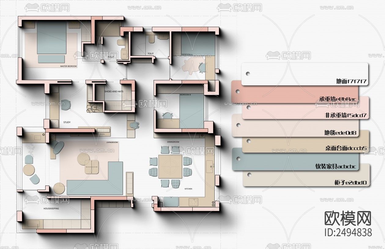 网红风PS彩平高级感配色CAD施工图下载（渲染图3）