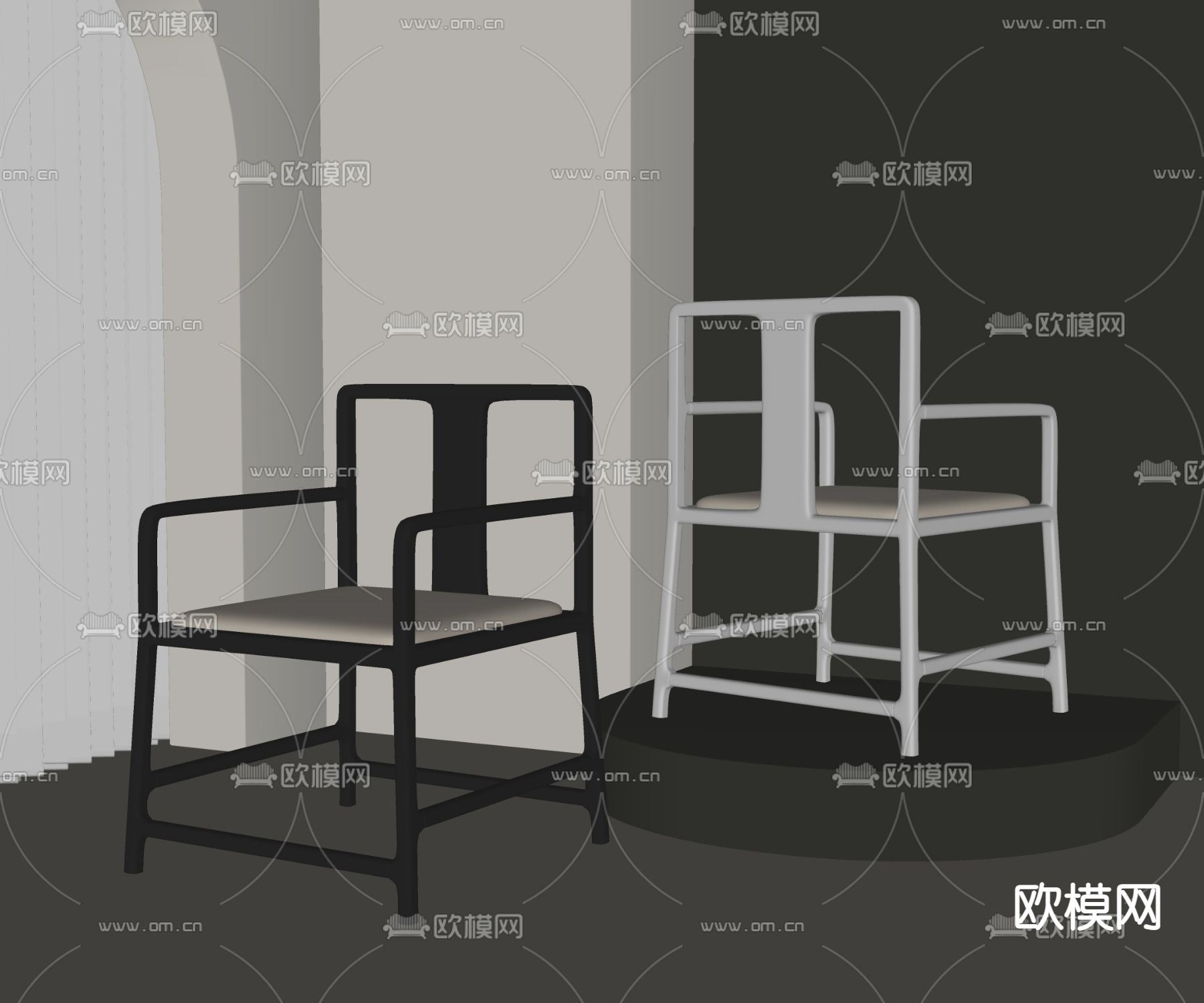 新中式单椅 餐椅su模型下载（渲染图2）