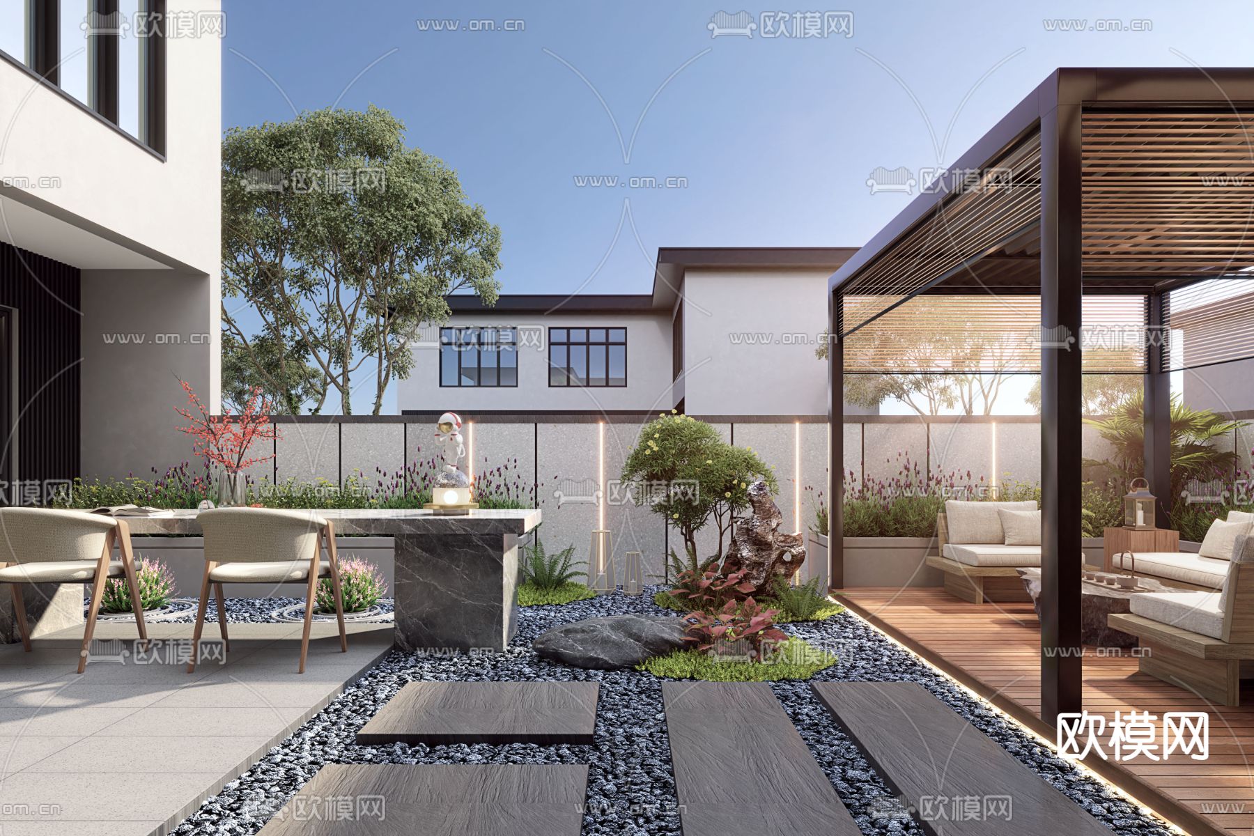 新中式庭院 花园3d模型下载（渲染图1）