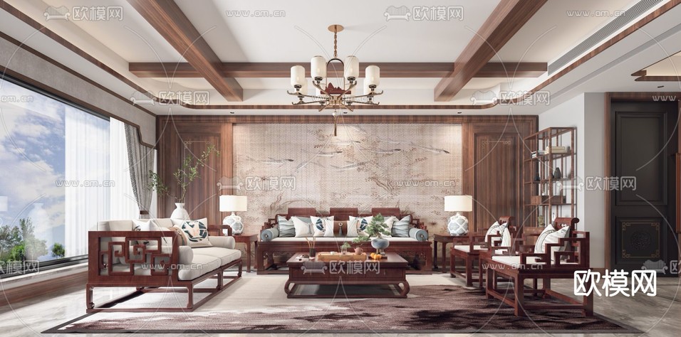 中式客厅 餐厅3d模型下载_ID13007002_3dmax免费模型-欧模网
