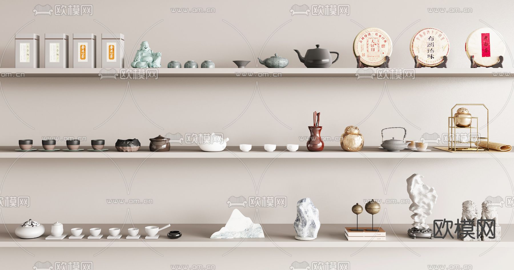 新中式茶具 茶叶 茶饼摆件su模型下载（渲染图1）
