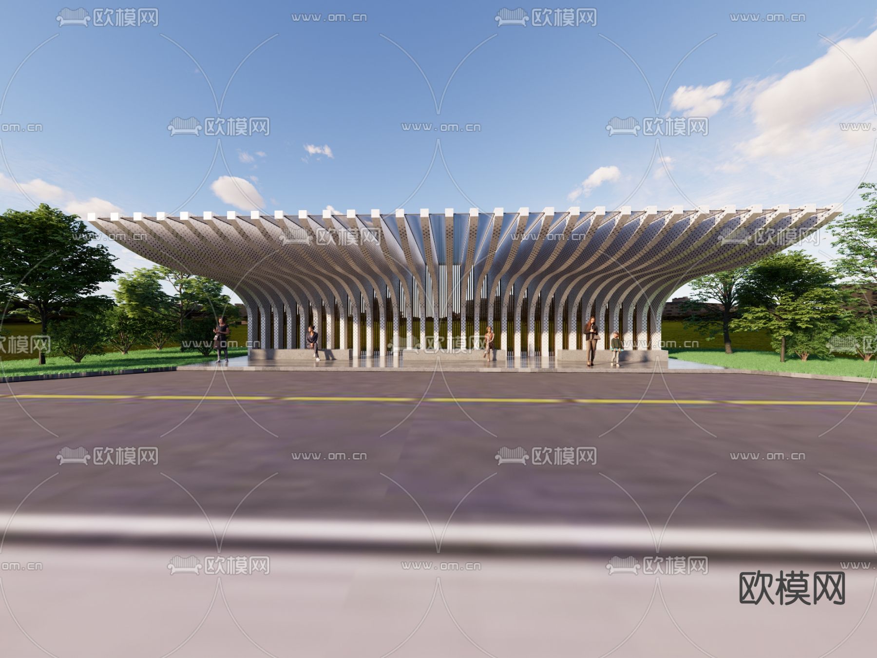 现代公交车站台 公交车站su模型下载（渲染图2）