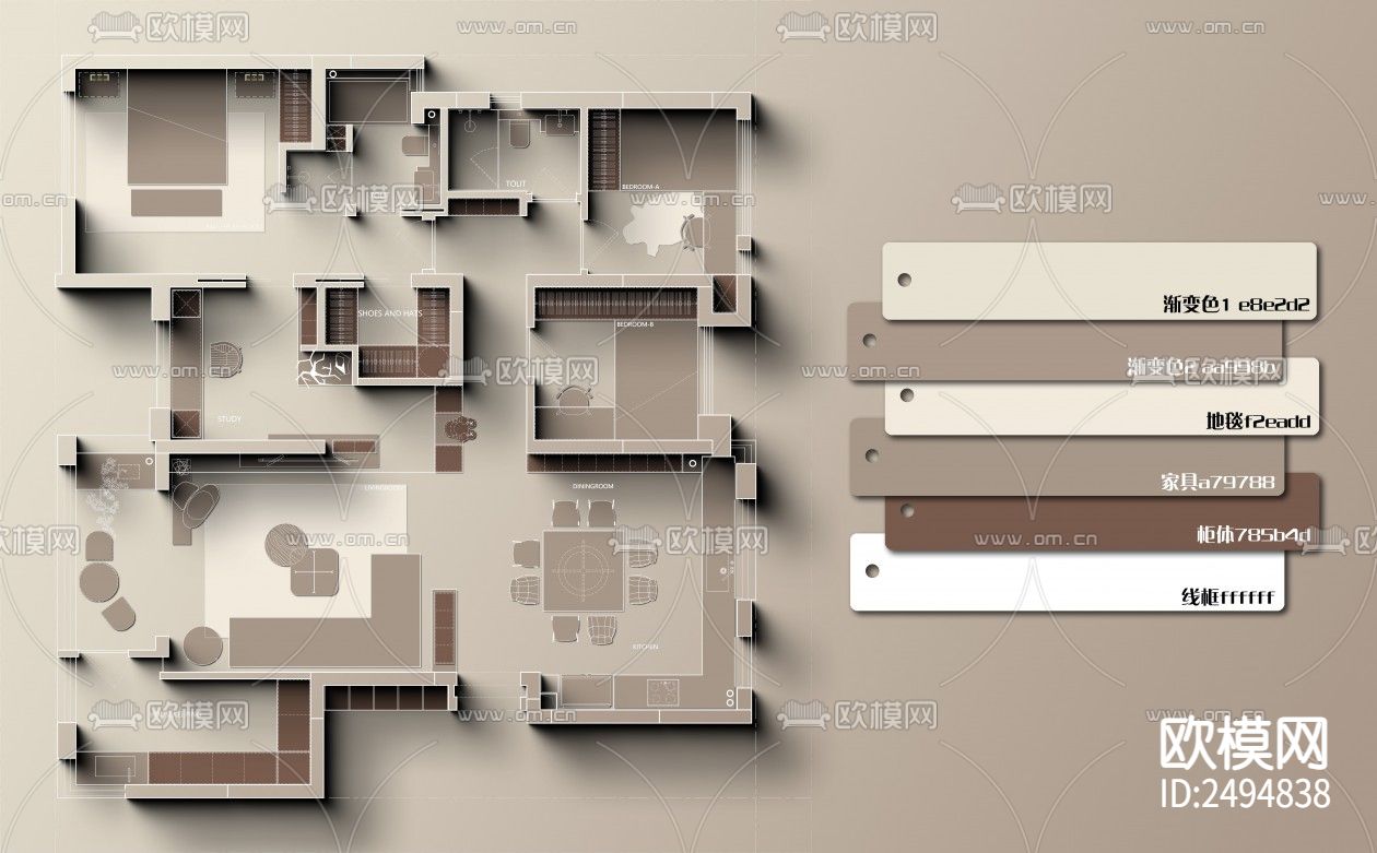 网红风PS彩平高级感配色CAD施工图下载（渲染图6）