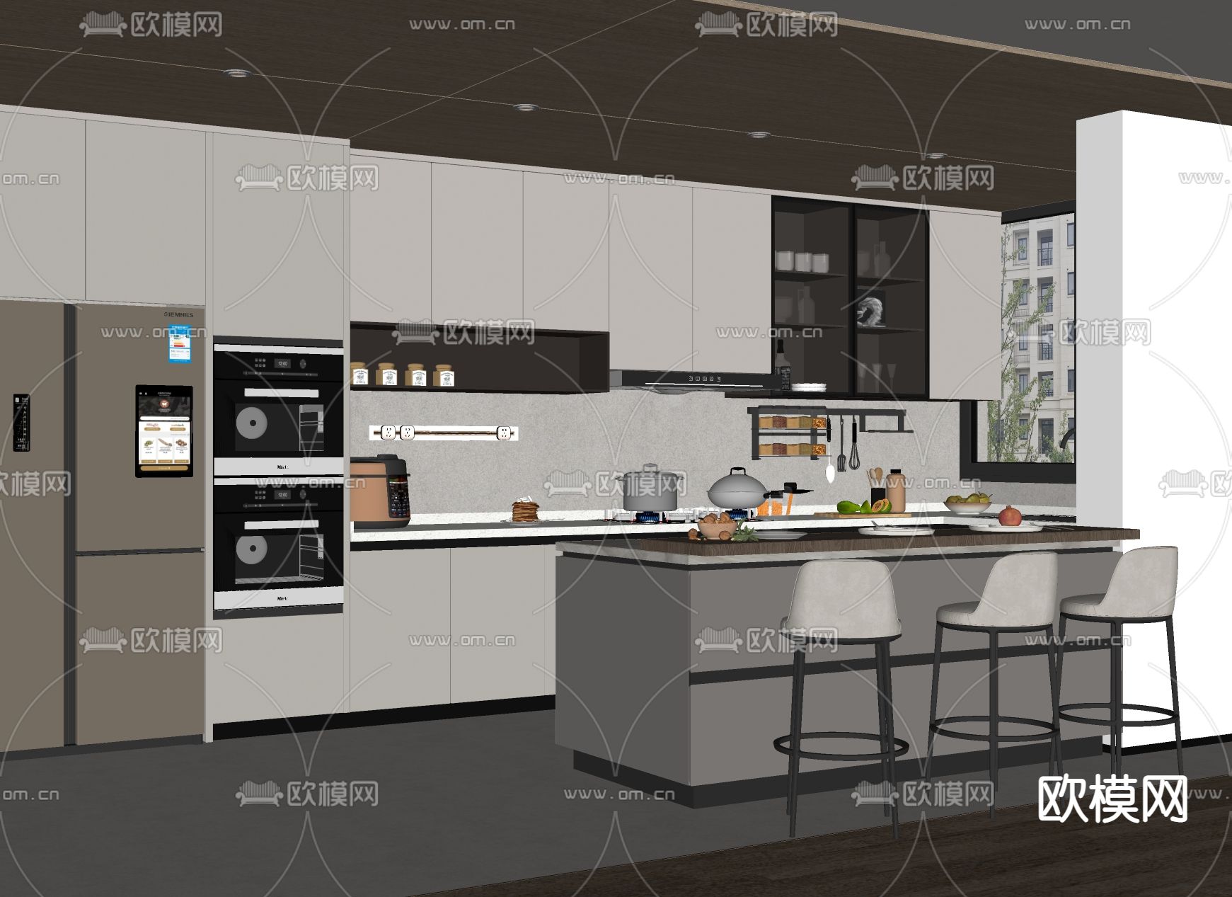 现代开放式厨房su模型下载（渲染图2）