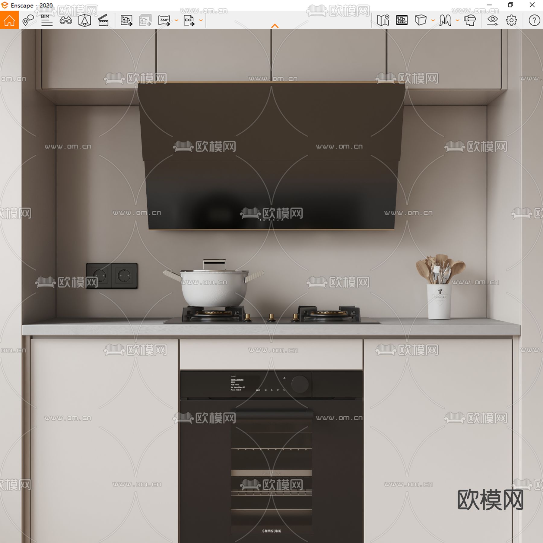 集成灶头 燃气灶 油烟机su模型下载（渲染图2）