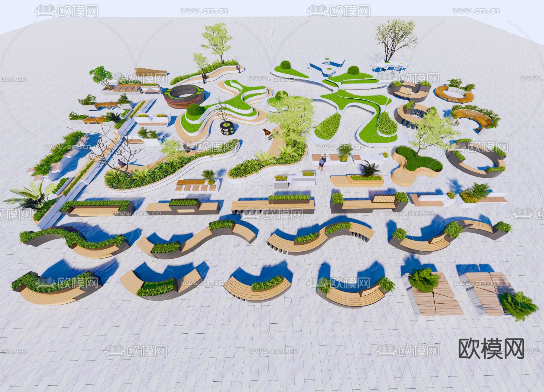 现代树池座凳 户外座椅su模型下载（渲染图1）