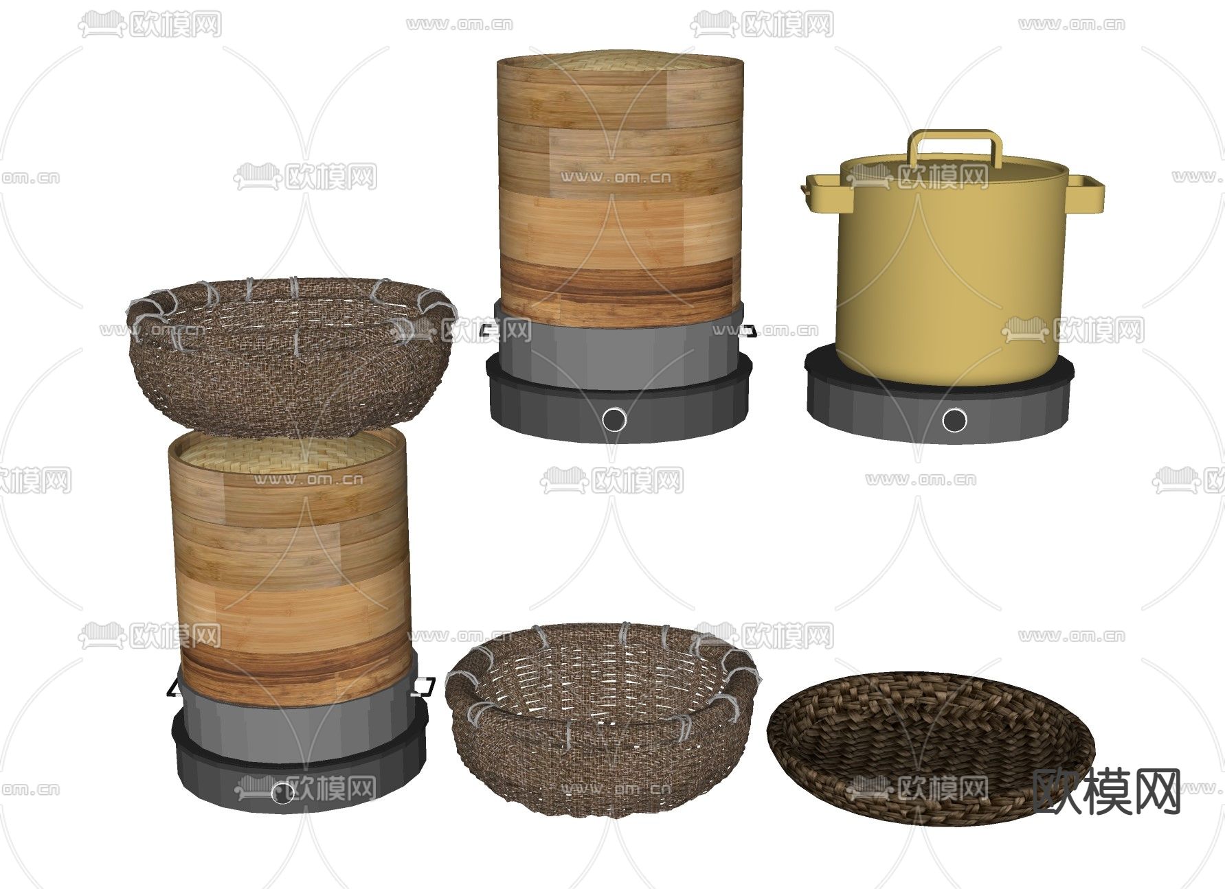 中式厨具 蒸笼 钢锅汤锅 竹篮簸箕su模型下载（渲染图2）