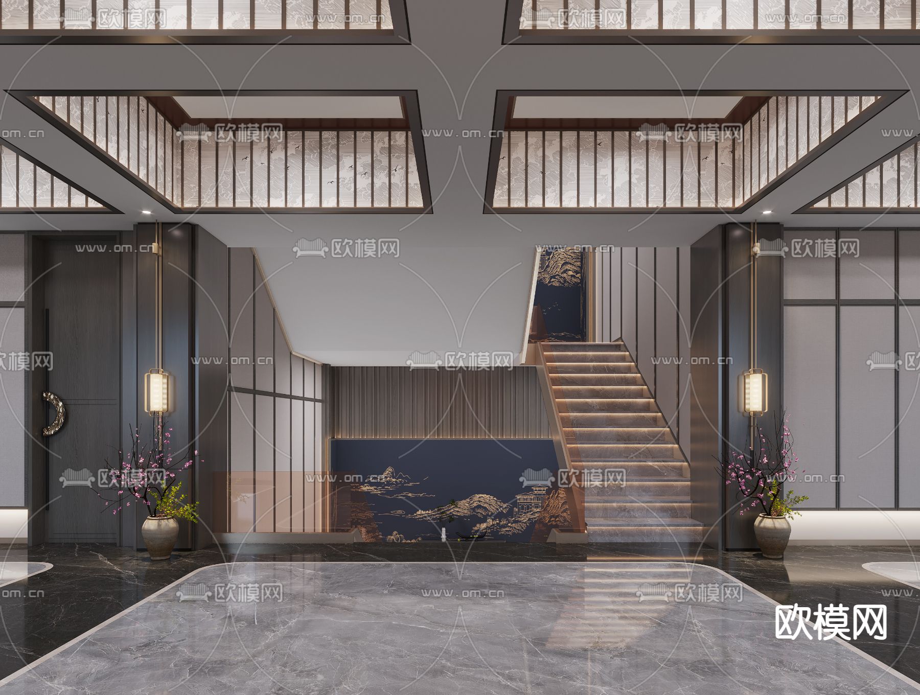 新中式茶楼3d模型下载（渲染图2）