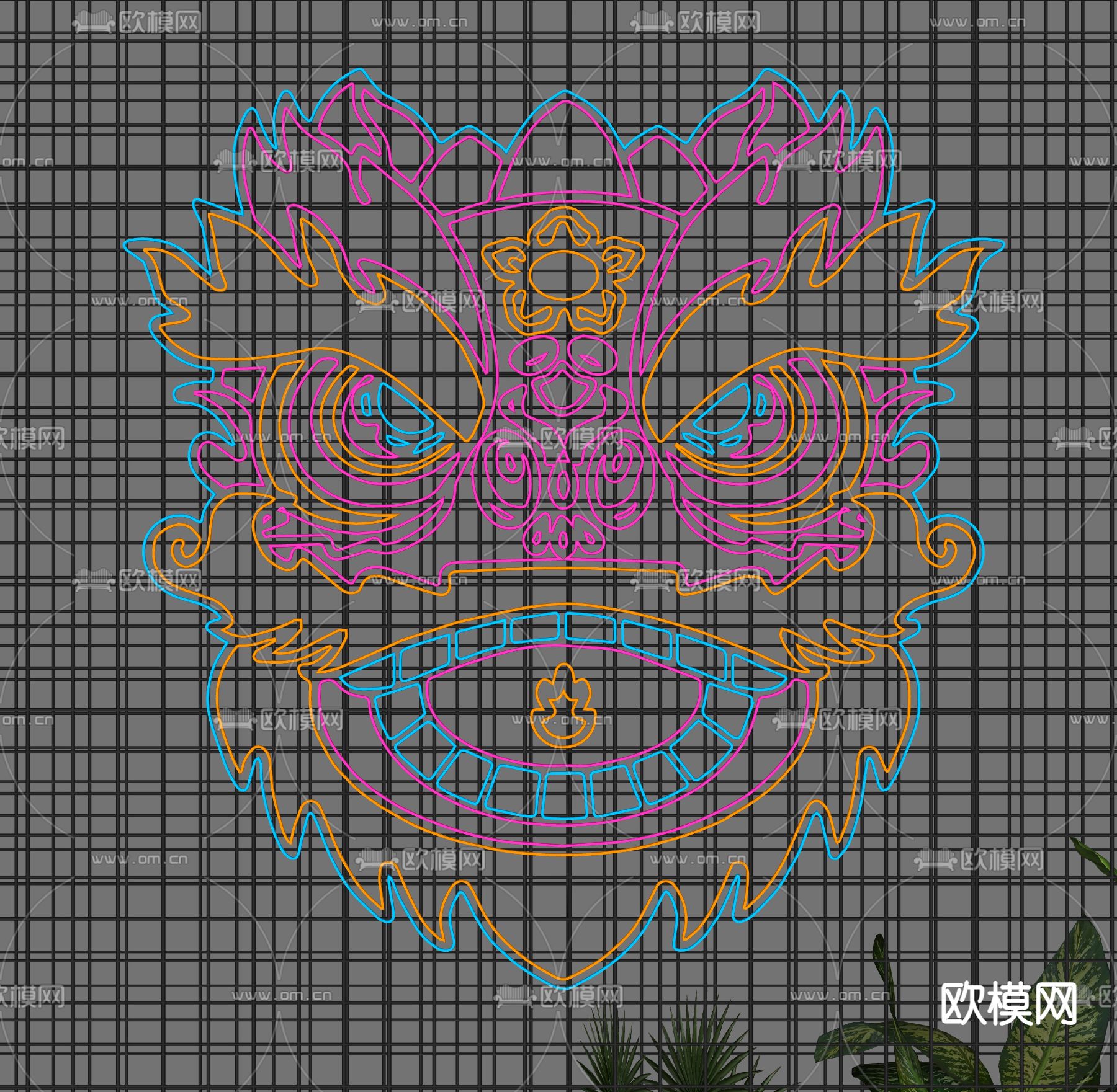 国潮醒狮霓虹灯 装饰灯su模型下载（渲染图2）