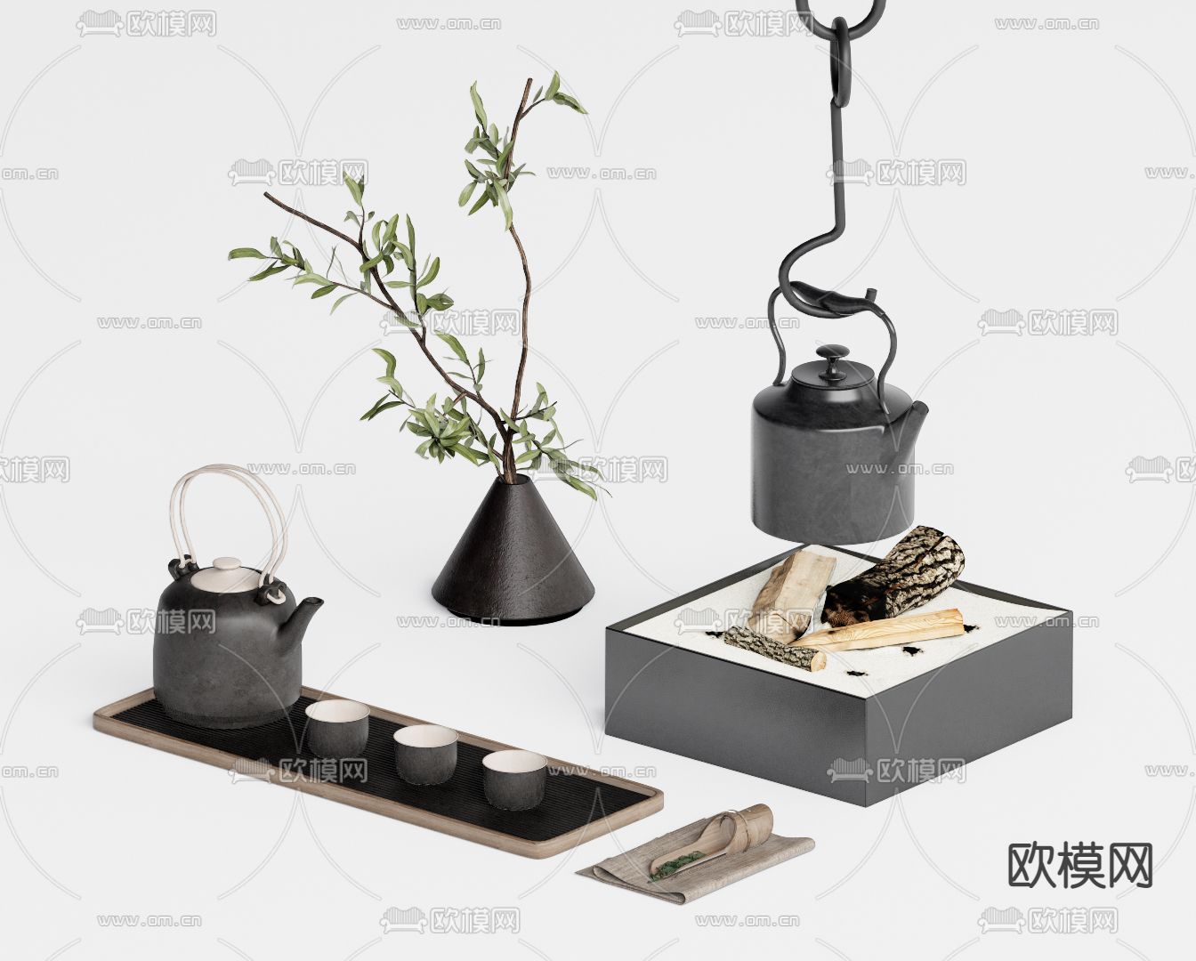 新中式茶具 茶壶 自在钩su模型下载（渲染图1）